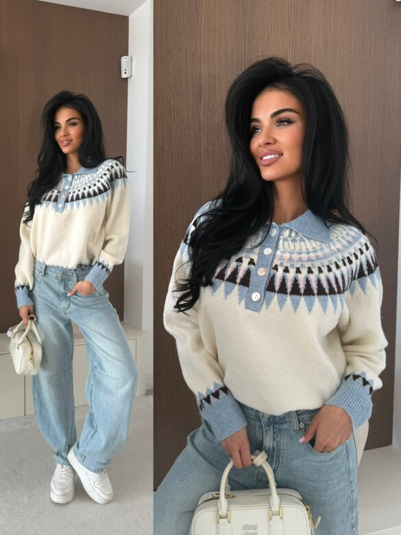 Sweter Rocio z kołnierzem biało-niebieski