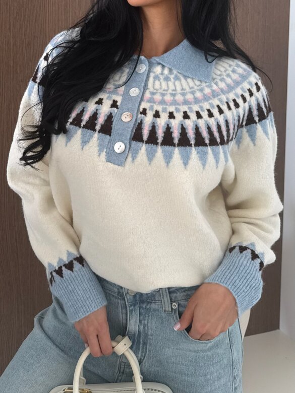 Sweter Rocio z kołnierzem biało-niebieski