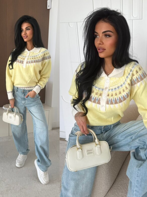 Sweter Rocio z kołnierzem żółto-ecru