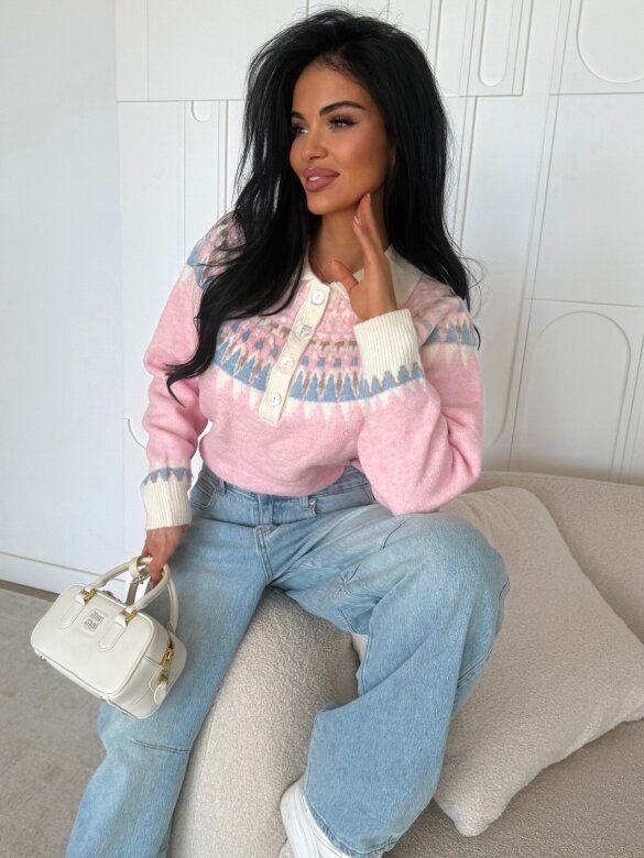 Sweter Rocio z kołnierzem ecru-pudrowy