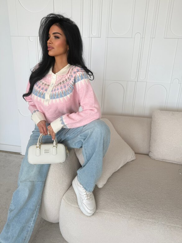 Sweter Rocio z kołnierzem ecru-pudrowy