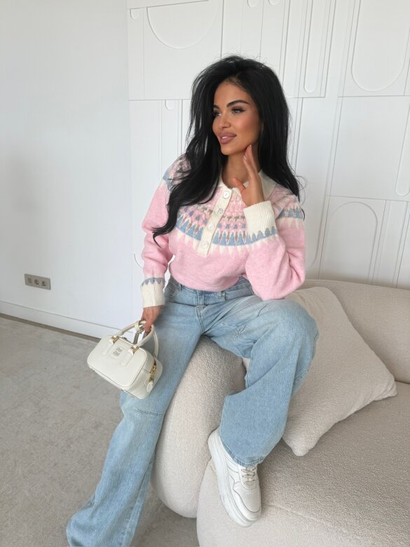 Sweter Rocio z kołnierzem ecru-pudrowy