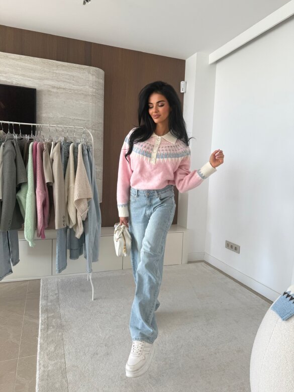 Sweter Rocio z kołnierzem ecru-pudrowy