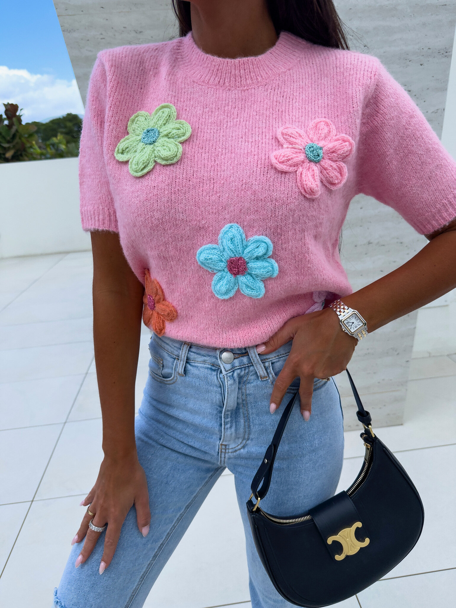 Sweter Sewn Flowers różowy