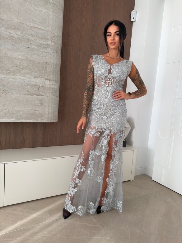 Sukienka Katya Premium maxi koronkowa szara