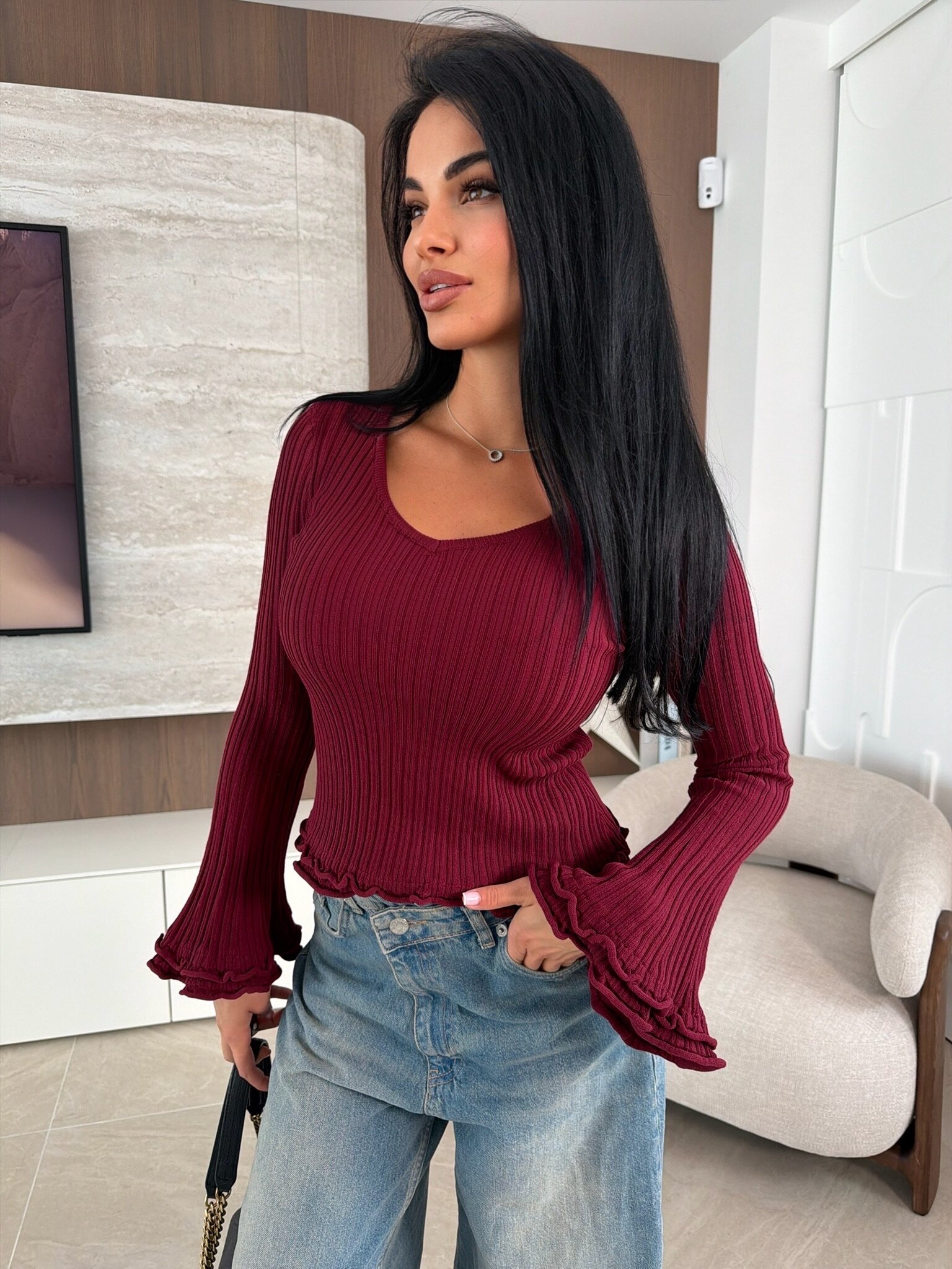 Bluzka Avere prążkowana bordowa 