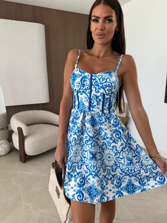 Sukienka Borbonica mini w print biało-niebieska 