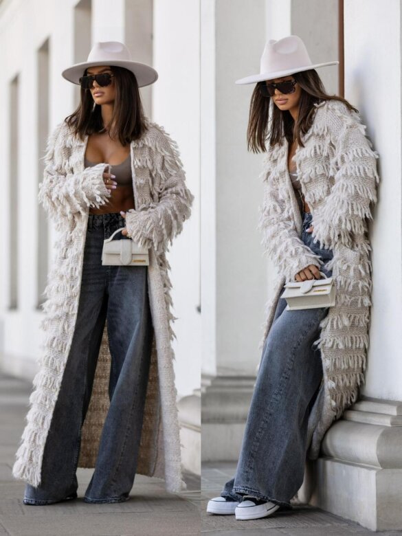 Kardigan Parisi z frędzlami ecru