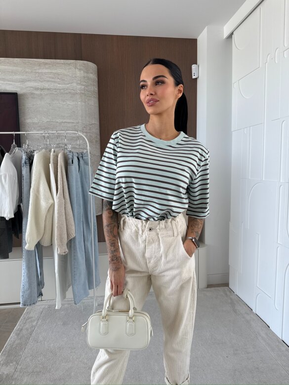 T-shirt Modeo w paski miętowo-czekoladowy 