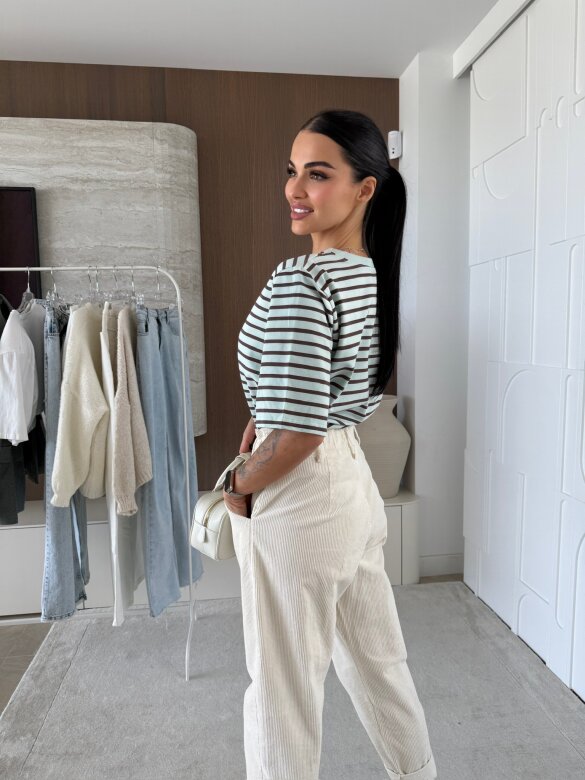 T-shirt Modeo w paski miętowo-czekoladowy 