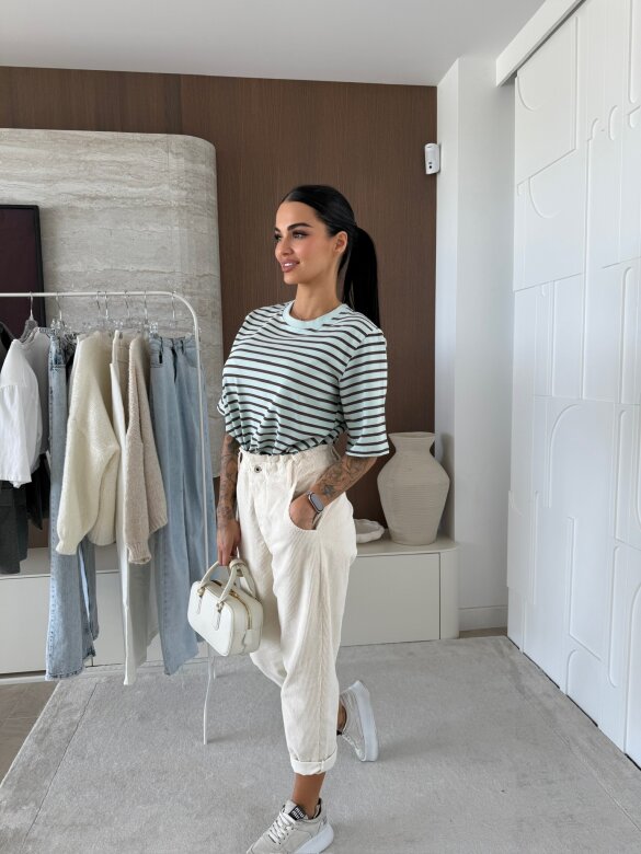 T-shirt Modeo w paski miętowo-czekoladowy 