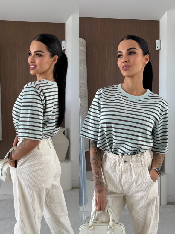 T-shirt Modeo w paski miętowo-czekoladowy 