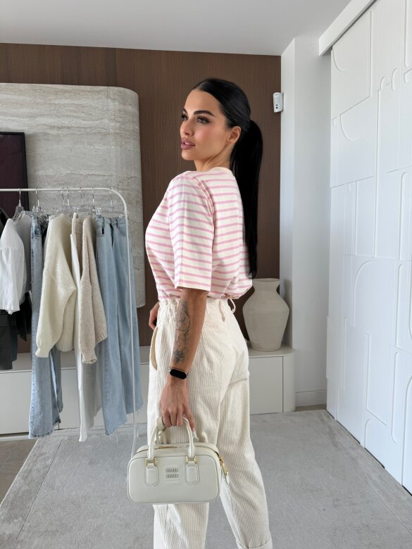 T-shirt Modeo w paski ecru-pudrowy