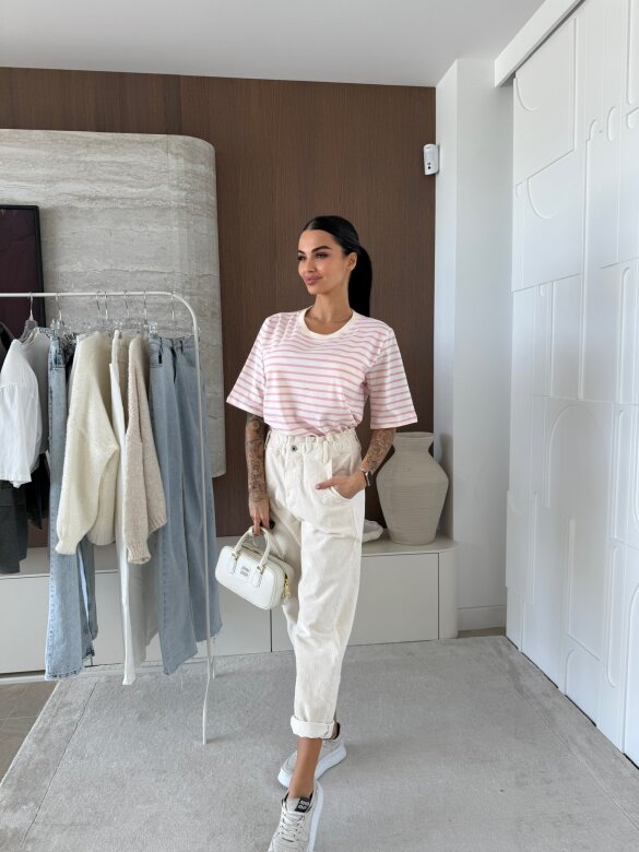 T-shirt Modeo w paski ecru-pudrowy