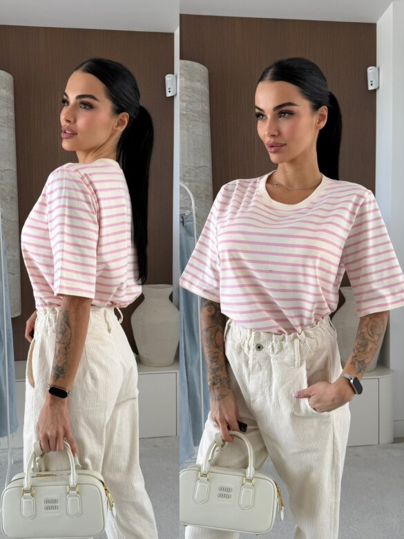 T-shirt Modeo w paski ecru-pudrowy