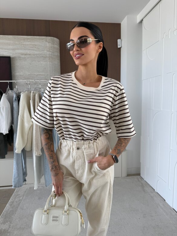 T-shirt Modeo w paski ecru-czekoladowy