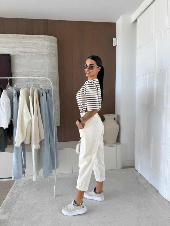 T-shirt Modeo w paski ecru-czekoladowy