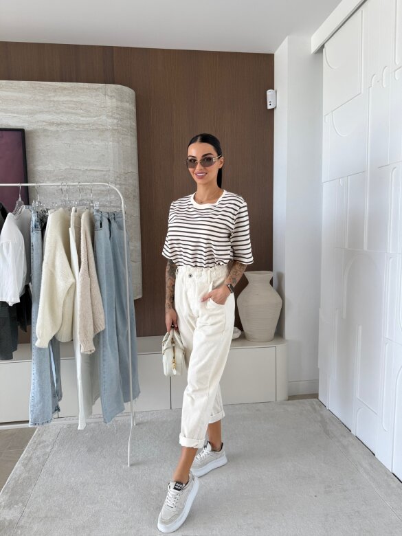 T-shirt Modeo w paski ecru-czekoladowy