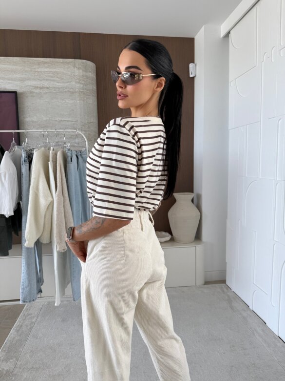 T-shirt Modeo w paski ecru-czekoladowy