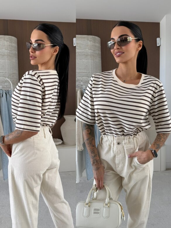 T-shirt Modeo w paski ecru-czekoladowy