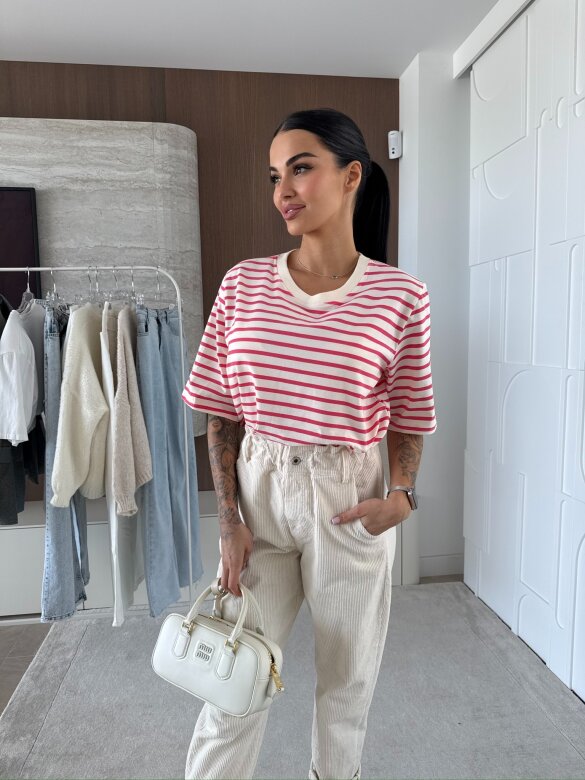 T-shirt Modeo w paski ecru-różowy