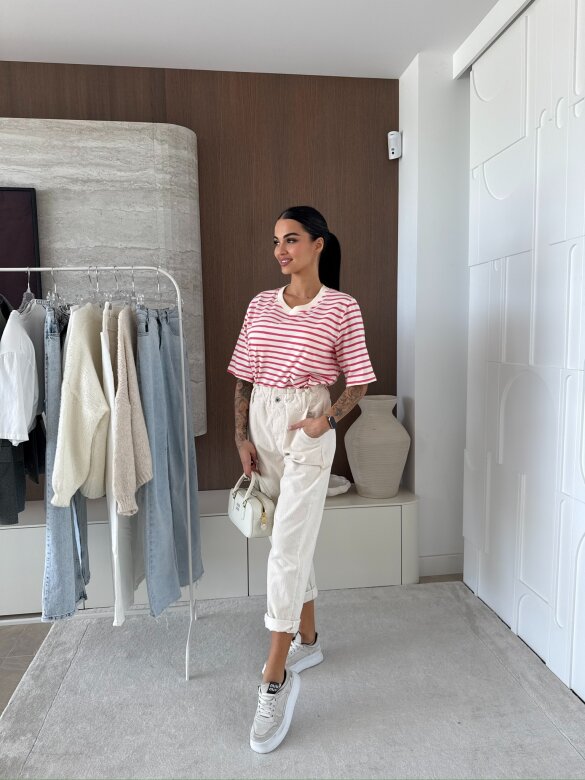 T-shirt Modeo w paski ecru-różowy