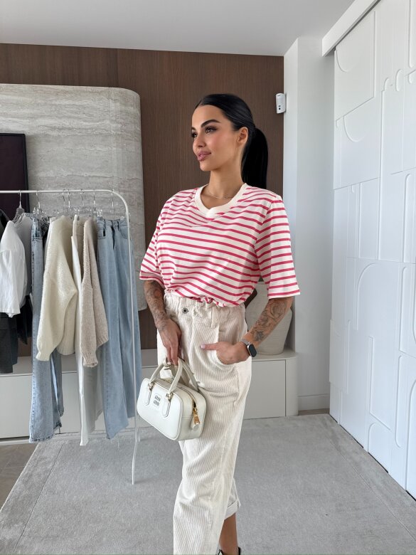 T-shirt Modeo w paski ecru-różowy