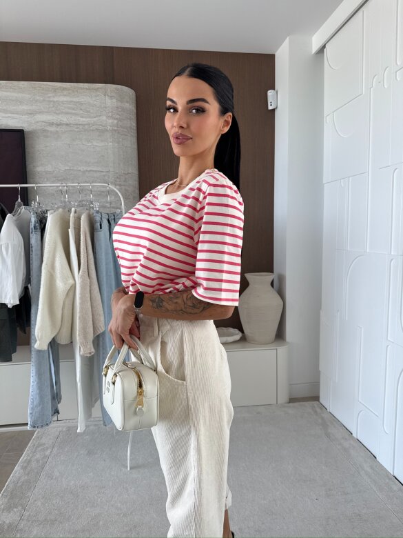 T-shirt Modeo w paski ecru-różowy