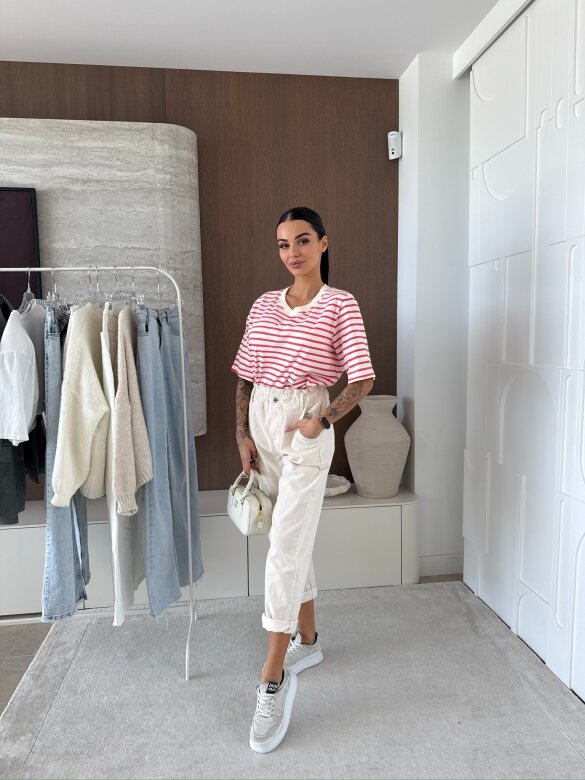 T-shirt Modeo w paski ecru-różowy