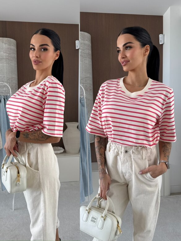 T-shirt Modeo w paski ecru-różowy