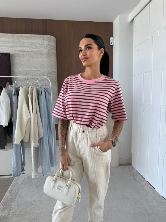 T-shirt Modeo w paski różowo-czekoladowy 