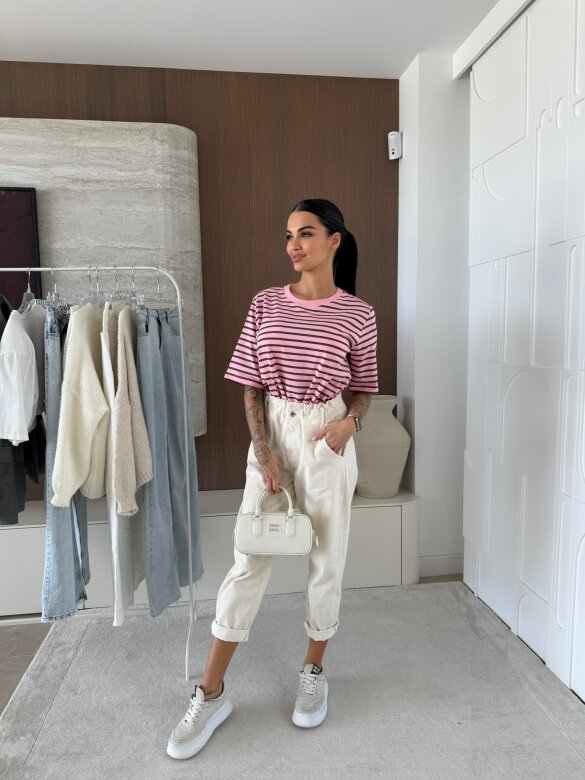 T-shirt Modeo w paski różowo-czekoladowy 