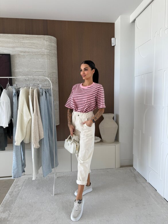 T-shirt Modeo w paski różowo-czekoladowy 