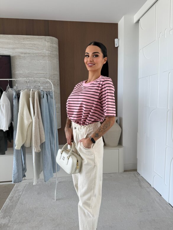 T-shirt Modeo w paski różowo-czekoladowy 