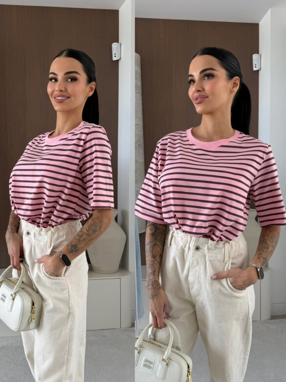 T-shirt Modeo w paski różowo-czekoladowy 