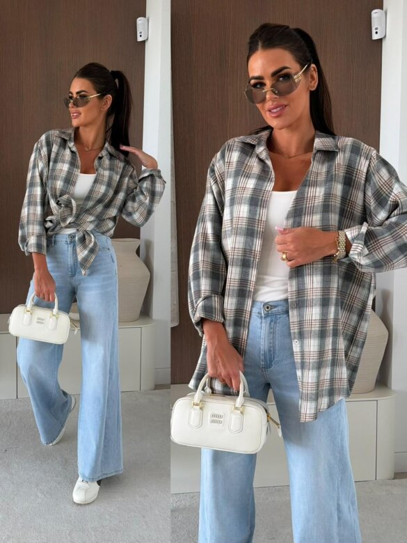 Koszula Elora w kratkę szaro-ecru