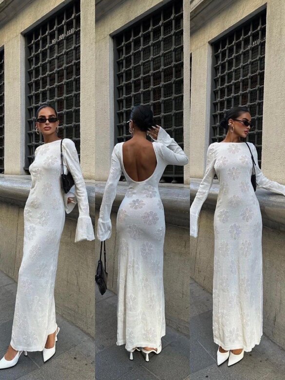 Sukienka Loretto maxi dzianinowa z bawełną ecru