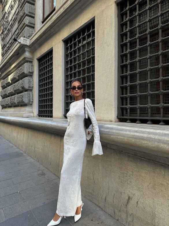 Sukienka Loretto maxi dzianinowa z bawełną ecru