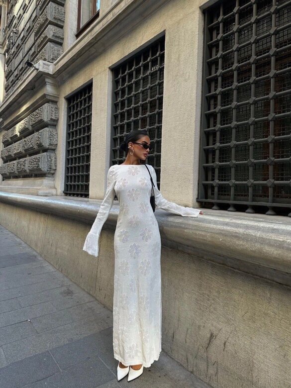 Sukienka Loretto maxi dzianinowa z bawełną ecru