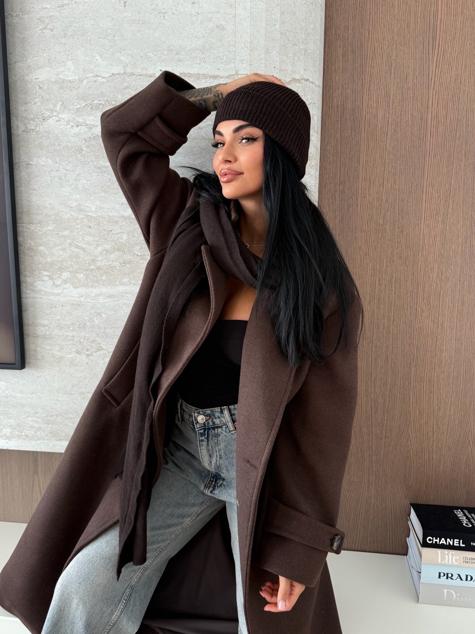 Szal Cashmere z wełną i kaszmirem brązowy 