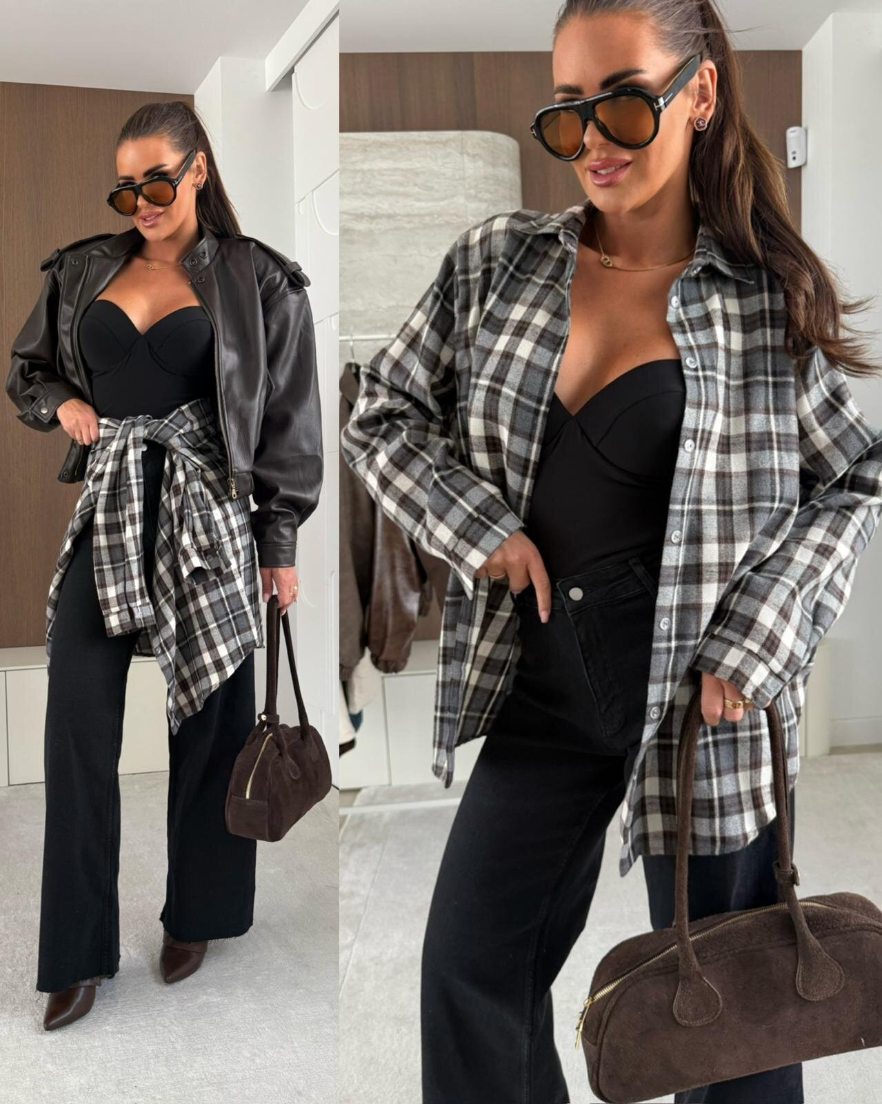 Koszula Elora w kratę szaro-brązowa-ecru