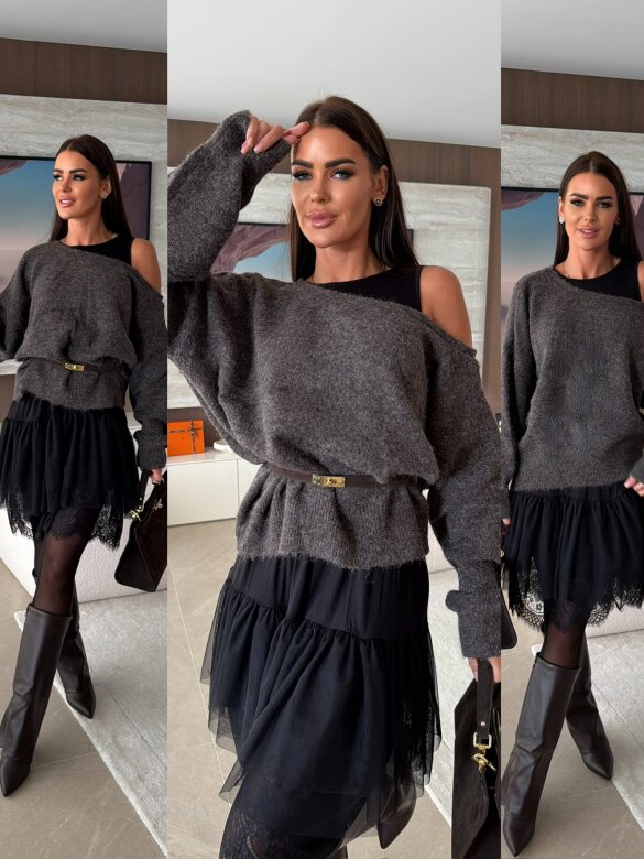 Sweter Damisse na jedno ramię czekoladowy 