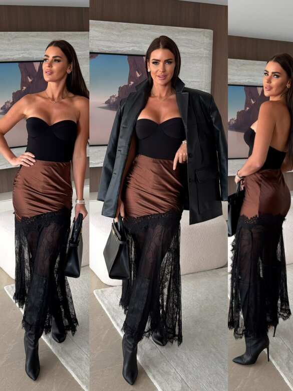 Spódnica Dessara satynowa z koronką brązowo-czarna