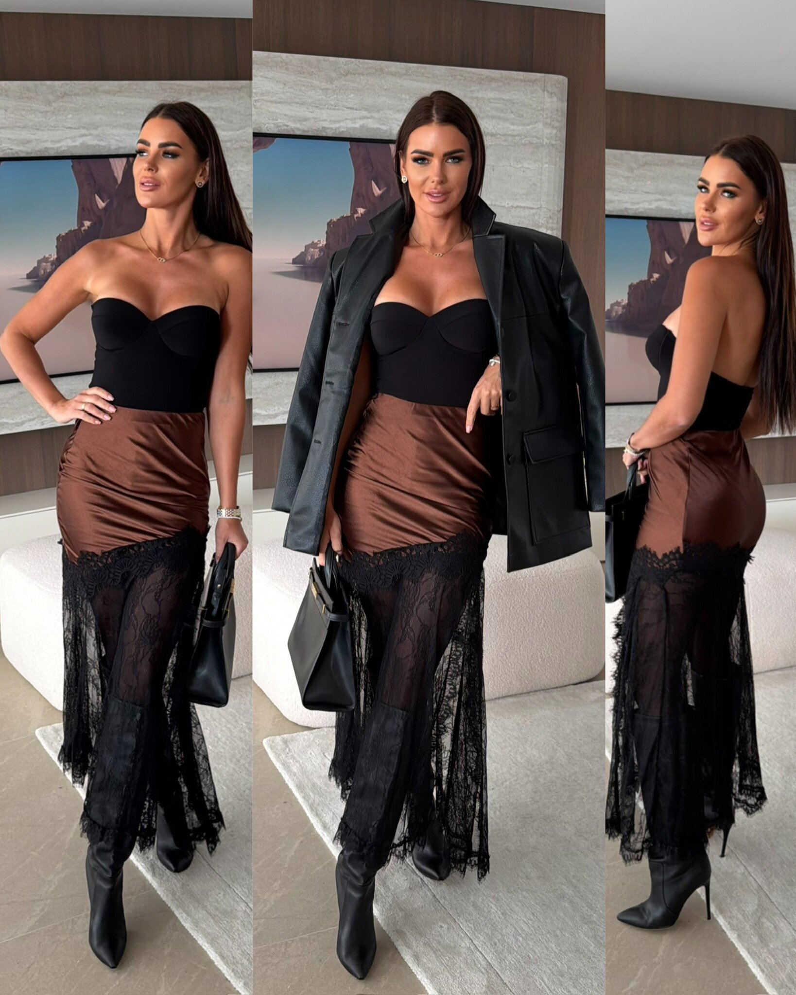 Spódnica Dessara satynowa z koronką brązowo-czarna