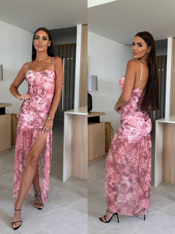 Sukienka Asadora maxi w róże pudrowo-śmietankowa 