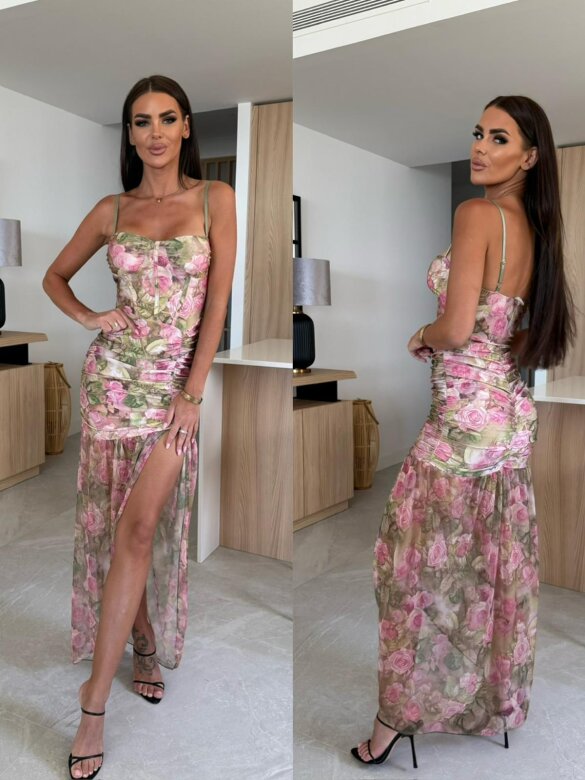 Sukienka Asadora maxi w róże zielono-pudrowa