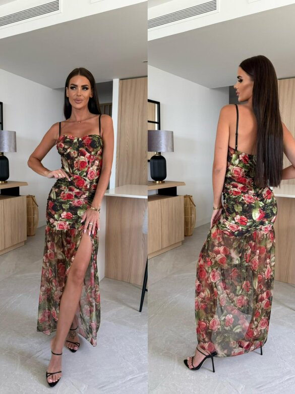 Sukienka Asadora maxi w róże czerwono-zielona
