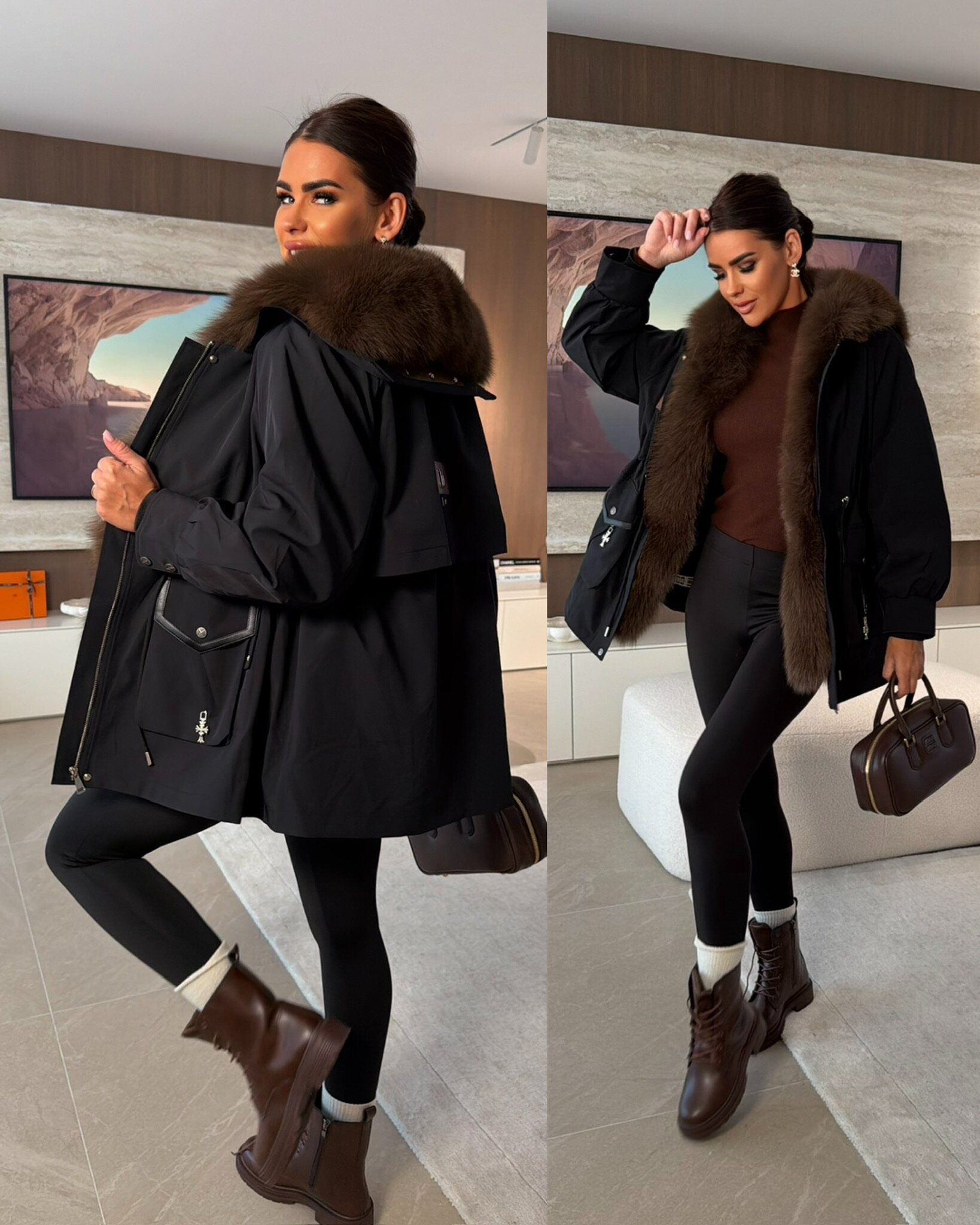 Kurtka Divena z naturalnym futrem czarna