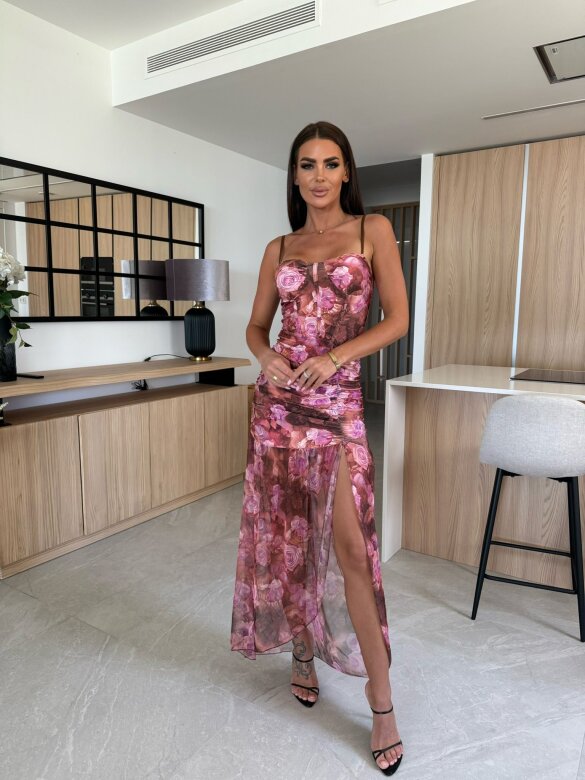 Sukienka Asadora maxi w róże brązowo-różowa