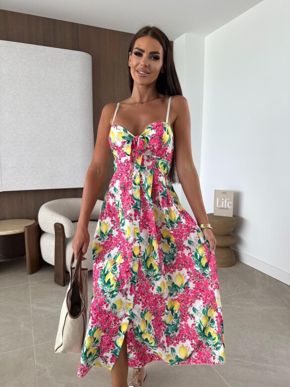 Sukiena Florita midi w cytryny różowo-żółta